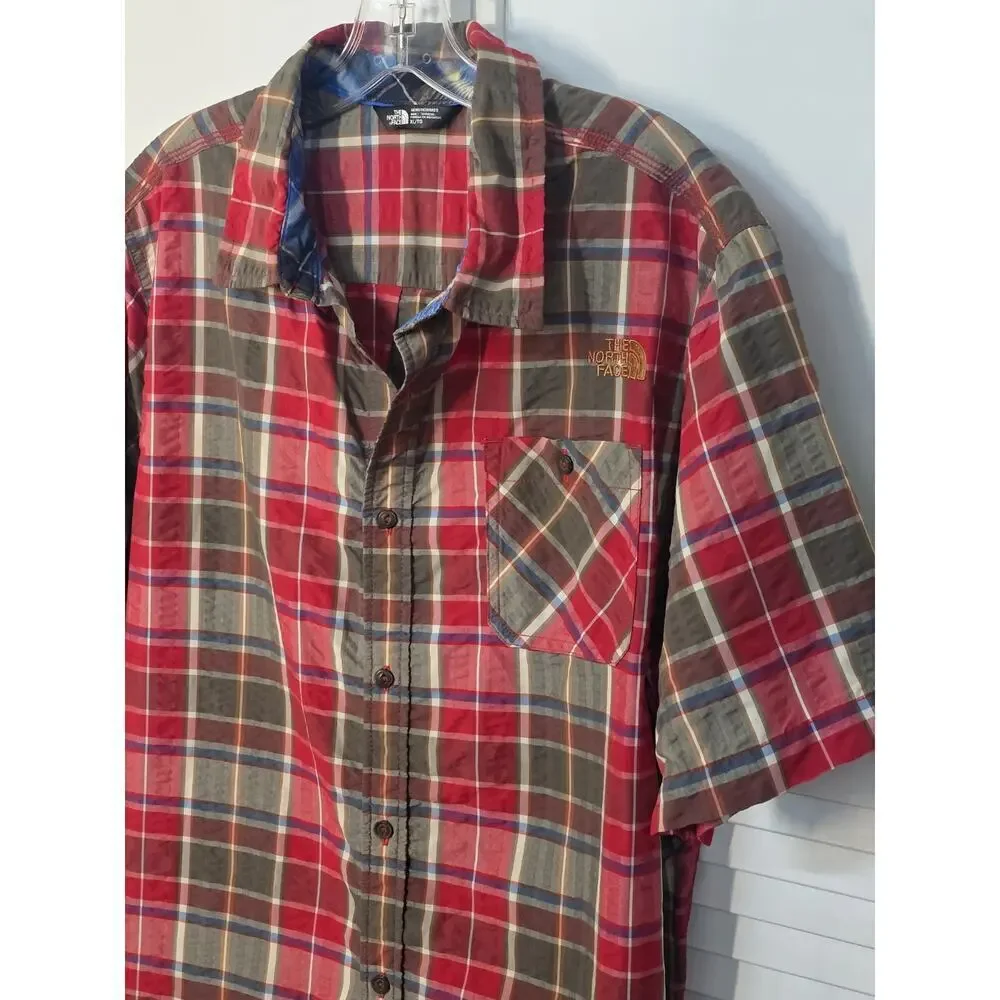 The North Face Mens XL Button Down Short Sleeve Shirt Red Plaid Casual